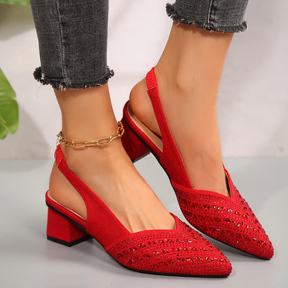 Women's Plus Size Rhinestone Pointed Toe Low Heel Shoes Red - D&A