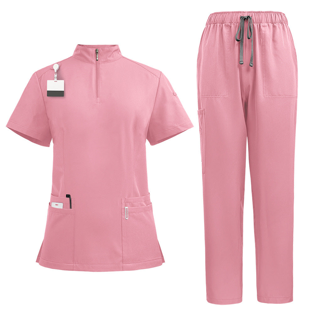 Stand Collar Zipper Hand Washing Suit Nurses' Uniform Work Clothes Suit 42108 Pink Color - D&A