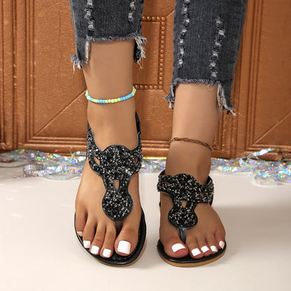 Women's Sequined European And American Fashion Flat Bottom Flip-flops Sandals - D&A
