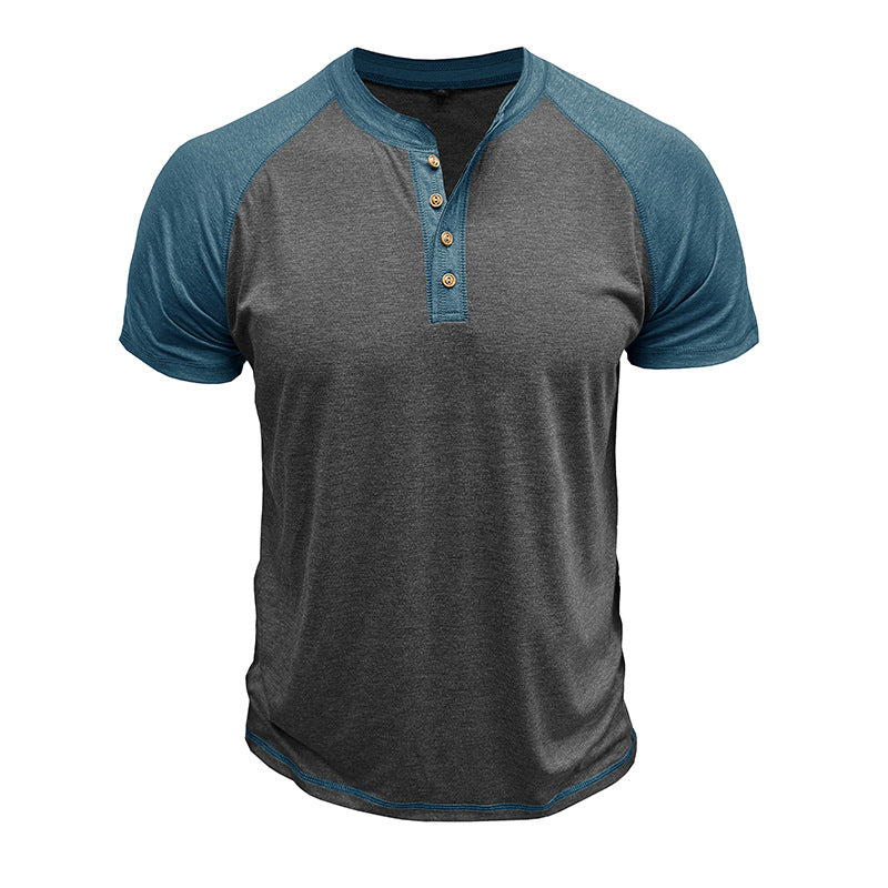Men's Short Sleeve European And American Color Matching Top Dark Gray With Blue - D&A