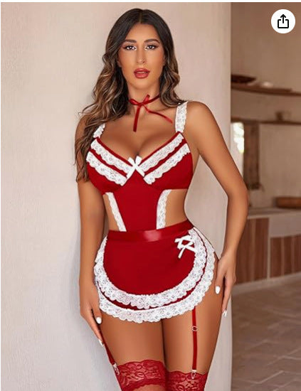 Sexy Women's Hollow Backless Maid Cloth Uniform Suit Wine Red - D&A