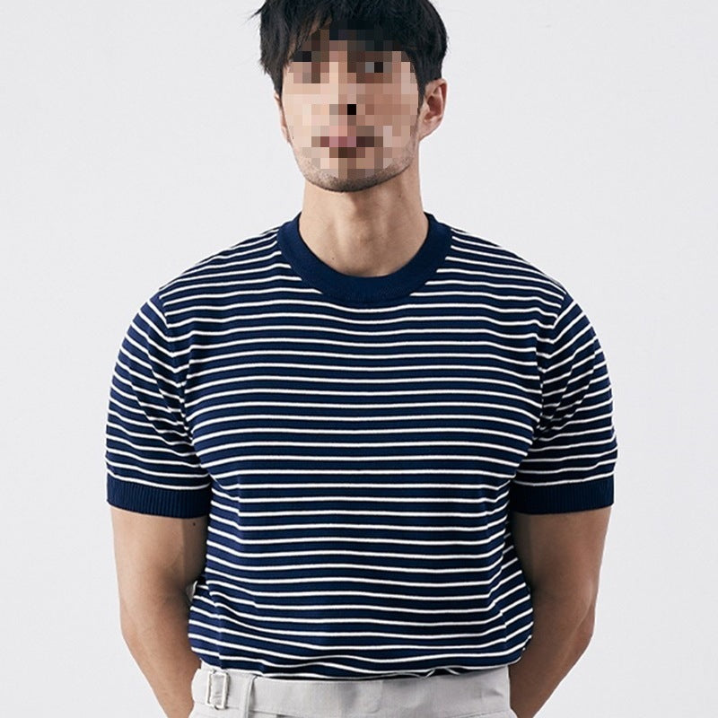 Men's High-grade Casual Striped Round Neck Knitted T-shirt Blue - D&A