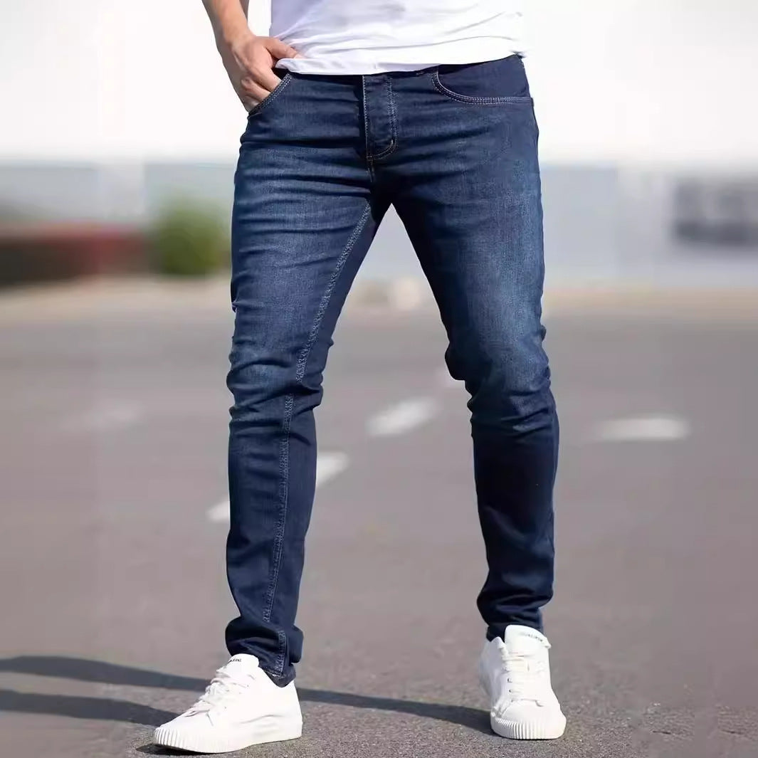 Men's European And American Fashionable Worn Slim Casual Jeans Dark Blue - D&A