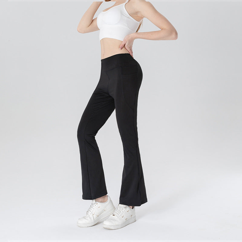 Ladies Mid Waist Abdominal-shaping Slimming Cropped Pants Casual Pocket Bootcut Trousers Black - D&A
