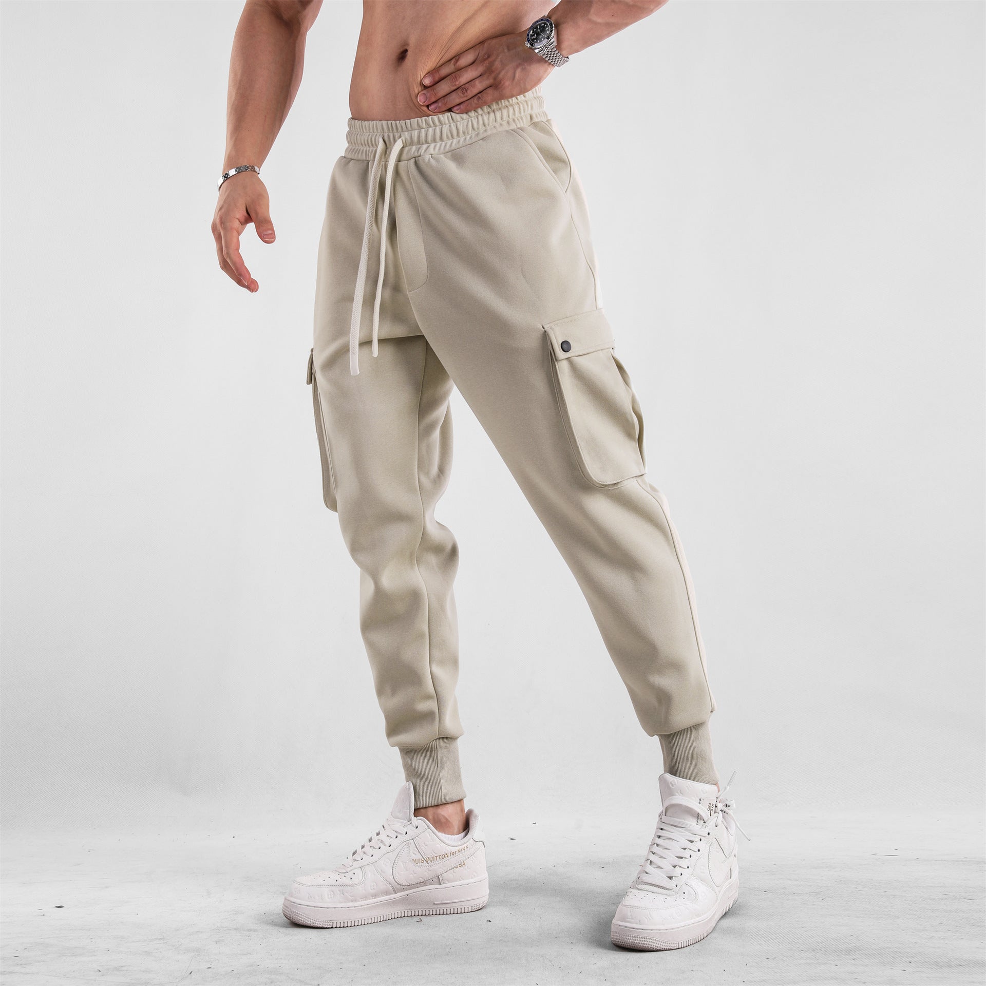 Men's Loose Close Up Ankle-tied American Sports Trousers Apricot - D&A