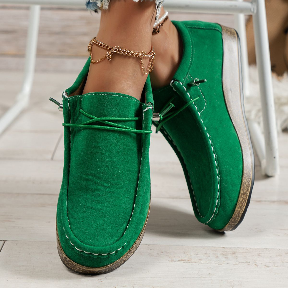 Plus Size Women's Shoes Flat Elastic Band Slip-on Casual Shoes Green - D&A
