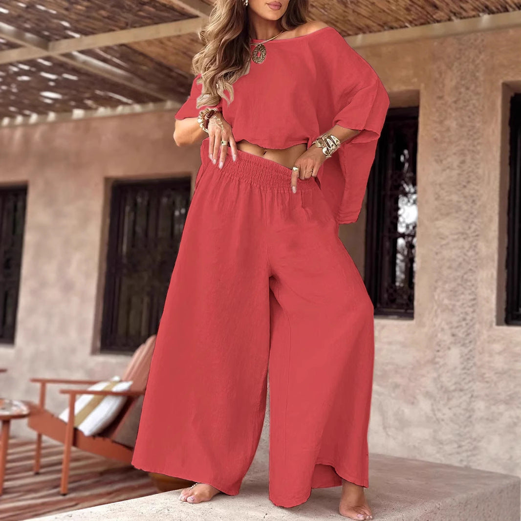 Solid Color Loose Round Neck Off-the-shoulder Women's Summer Suit Red - D&A