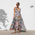 Women's Printed V-neck Large Swing Suspender Dress - D&A