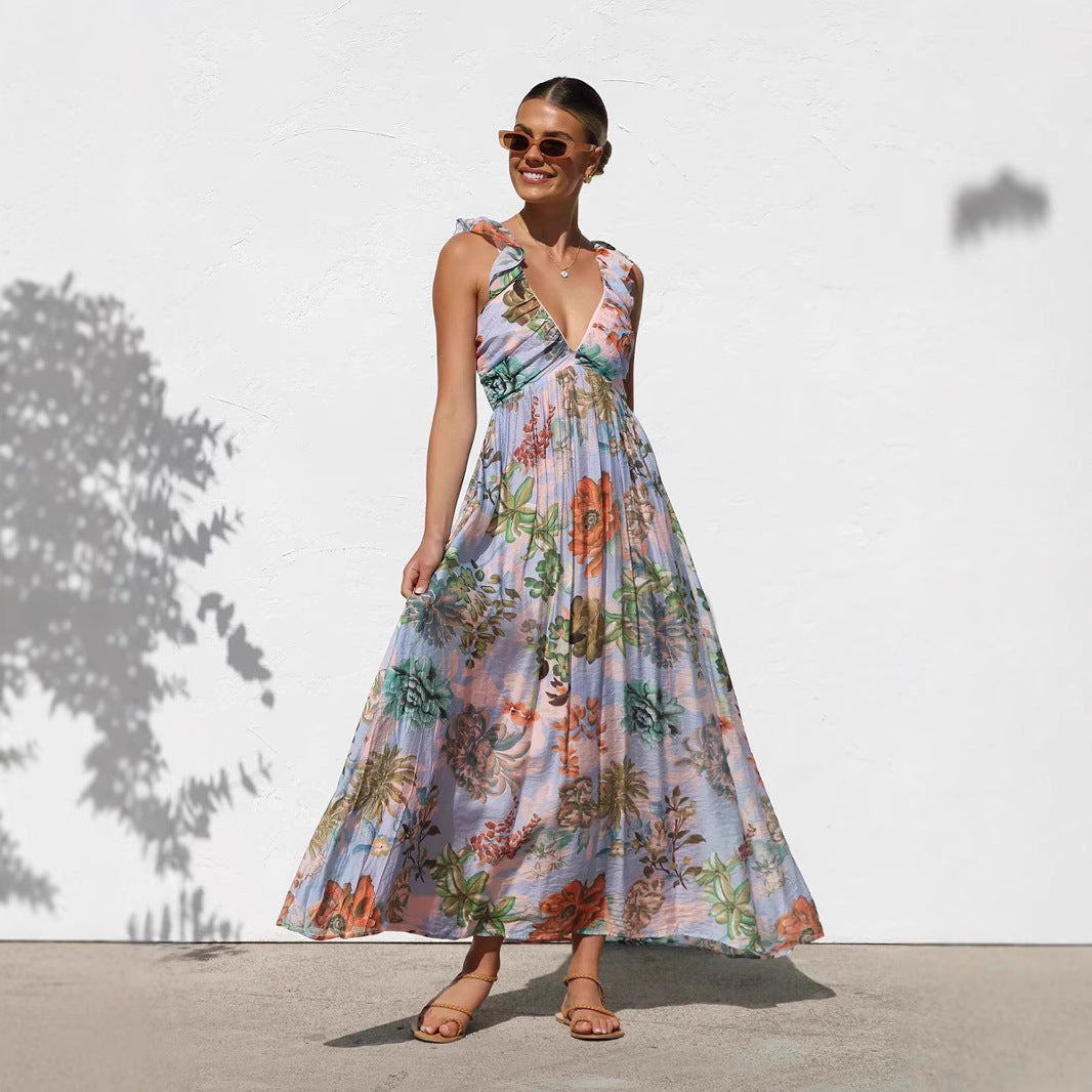 Women's Printed V-neck Large Swing Suspender Dress - D&A