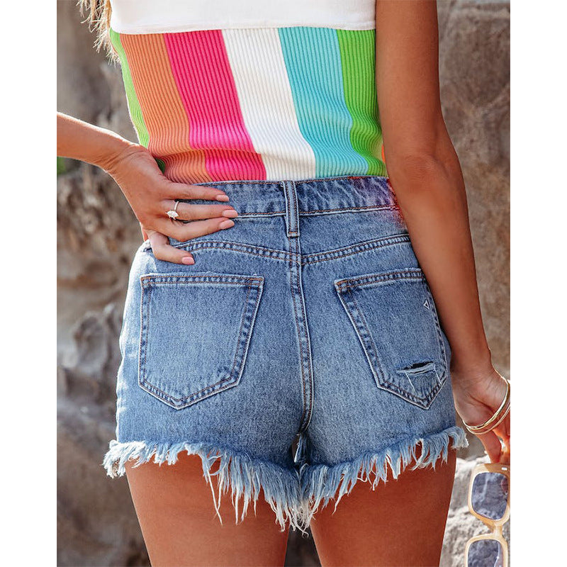 Ripped Brushed Casual Denim Women's Shorts - D&A