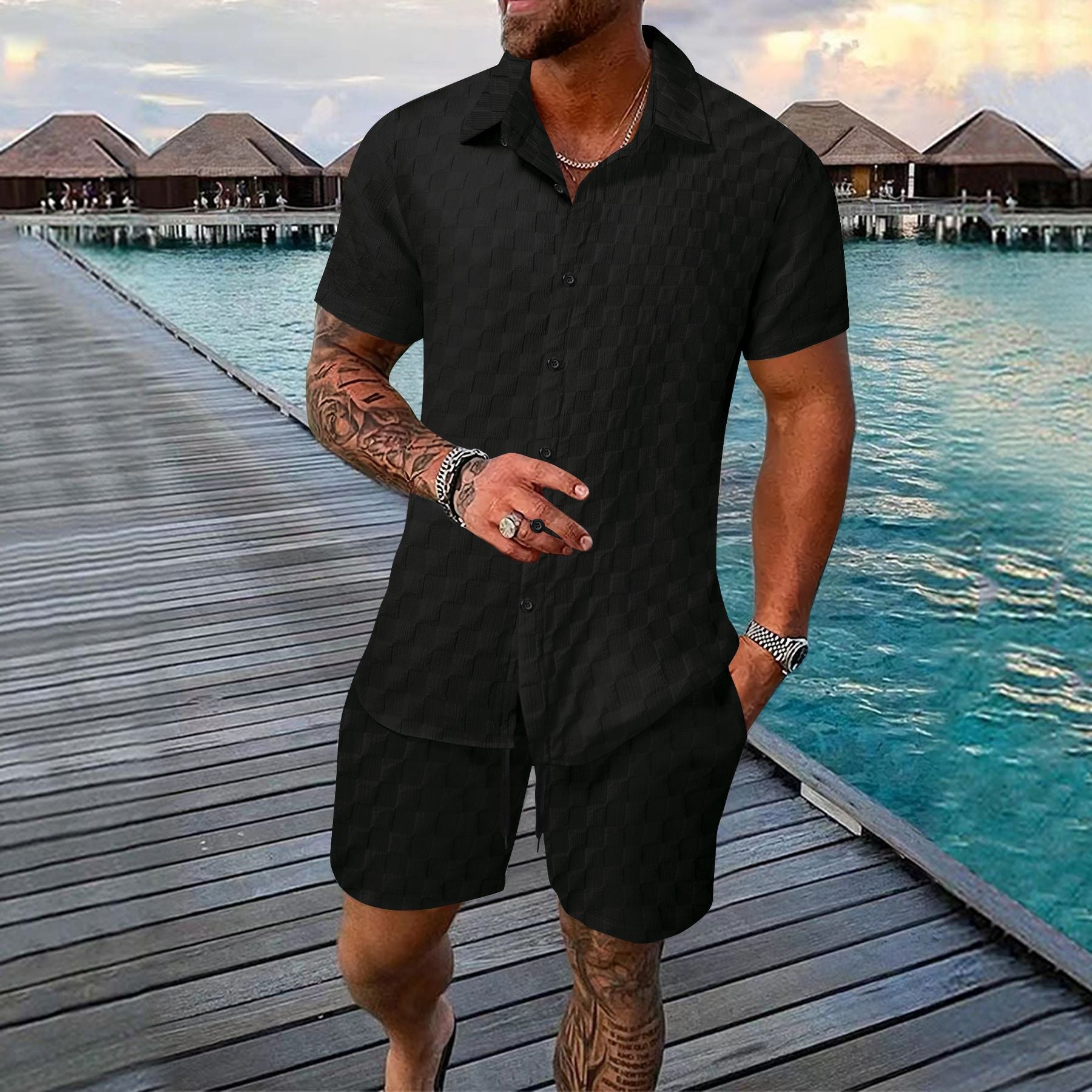 Men's Chemical Fiber Shirt Casual Suit Black - D&A