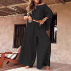 Solid Color Loose Round Neck Off-the-shoulder Women's Summer Suit Black - D&A