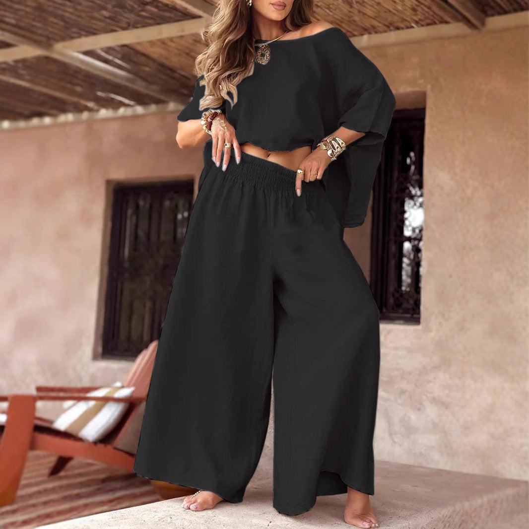 Solid Color Loose Round Neck Off-the-shoulder Women's Summer Suit Black - D&A