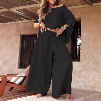 Solid Color Loose Round Neck Off-the-shoulder Women's Summer Suit Black - D&A