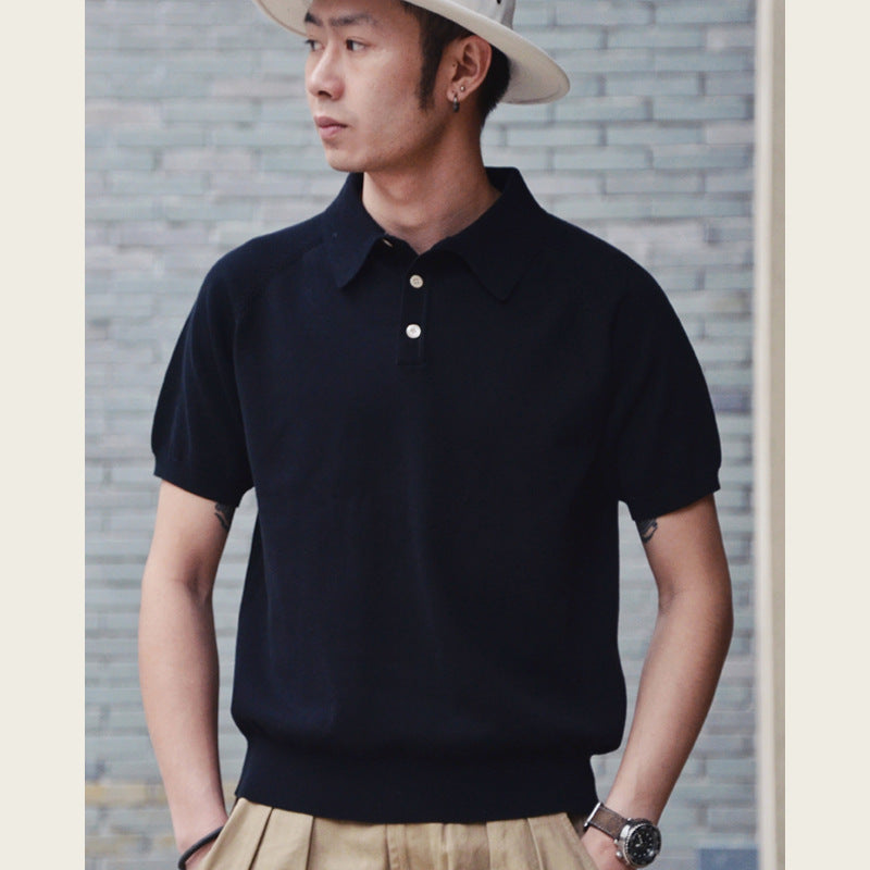 Retro Knitted Cotton Short-sleeved T-shirt Sapphire Blue - D&A