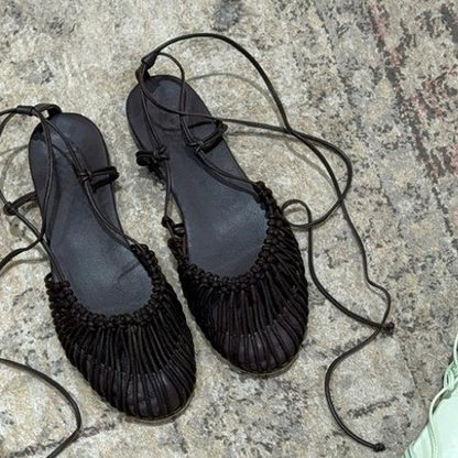 Niche Handmade Weave Vintage Genuine Leather Twine Grip Sandals - D&A