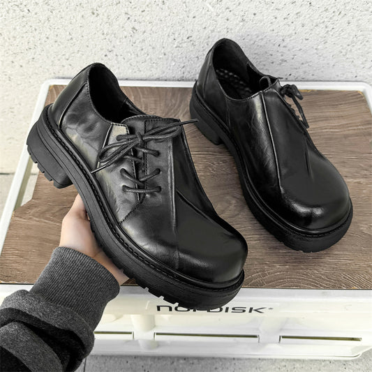 Inner Height Increasing Black Platform Warped Head Leather Shoes - D&A