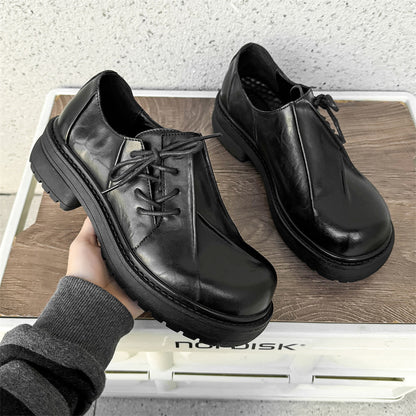 Inner Height Increasing Black Platform Warped Head Leather Shoes Female Size Height Increasing - D&A