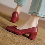 Women's Round Toe Shallow Mouth Gentle Bow Mid Heel Leather Shoes - D&A
