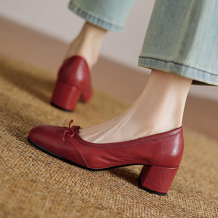 Women's Round Toe Shallow Mouth Gentle Bow Mid Heel Leather Shoes - D&A
