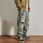 Jeans Men's Loose Straight Tapered Distressed Broken Holes Pants - D&A