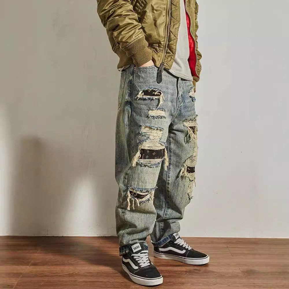 Jeans Men's Loose Straight Tapered Distressed Broken Holes Pants - D&A