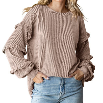 Women's Lantern Sleeve Round Neck Lace Sleeve Top - D&A
