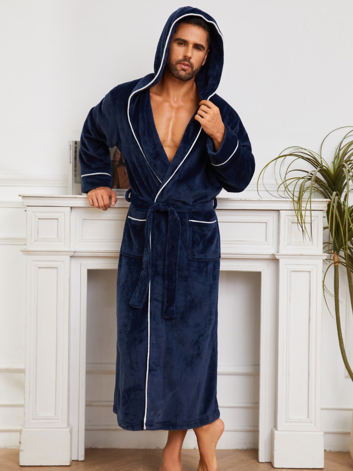 Fashion Men's Flannel Bathrobe Pajamas Women Navy Blue - D&A