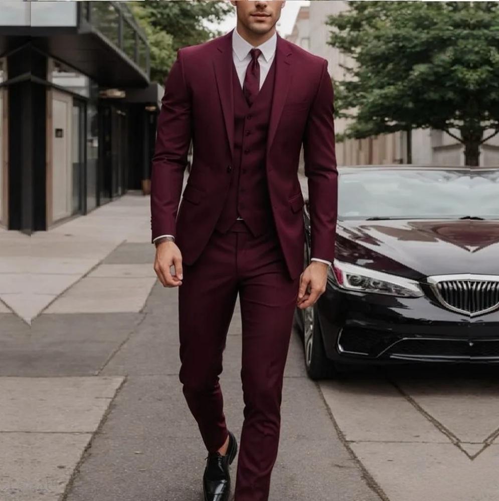 Men's Three-piece Suit Solid Color High Sense Wine Red - D&A