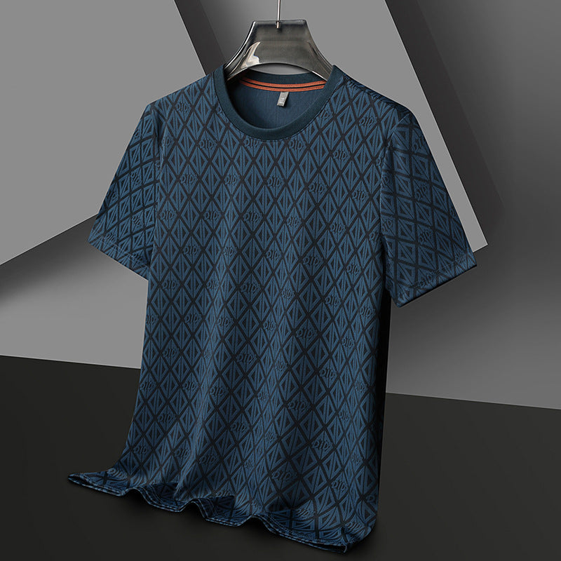 Men's Round Neck Jacquard Short Sleeve Cool Antibacterial Fashion Brand Casual Fashion Half Sleeve Blue - D&A