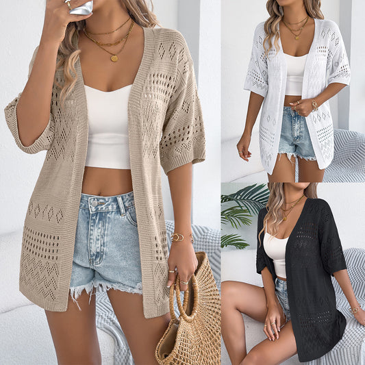 Leisure Solid Color Hollow Half-sleeved Knitwear - D&A