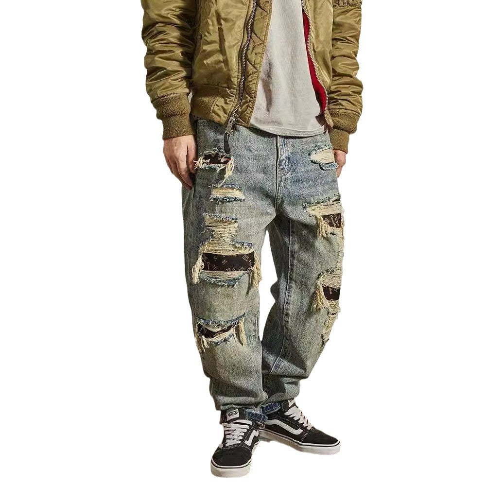 Jeans Men's Loose Straight Tapered Distressed Broken Holes Pants - D&A