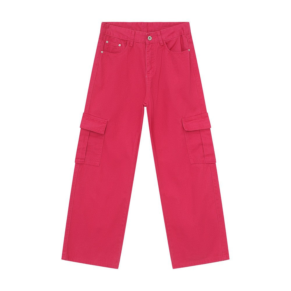Men's Solid Color Basic Loose Casual Straight-leg Denim Trousers Rose Red - D&A