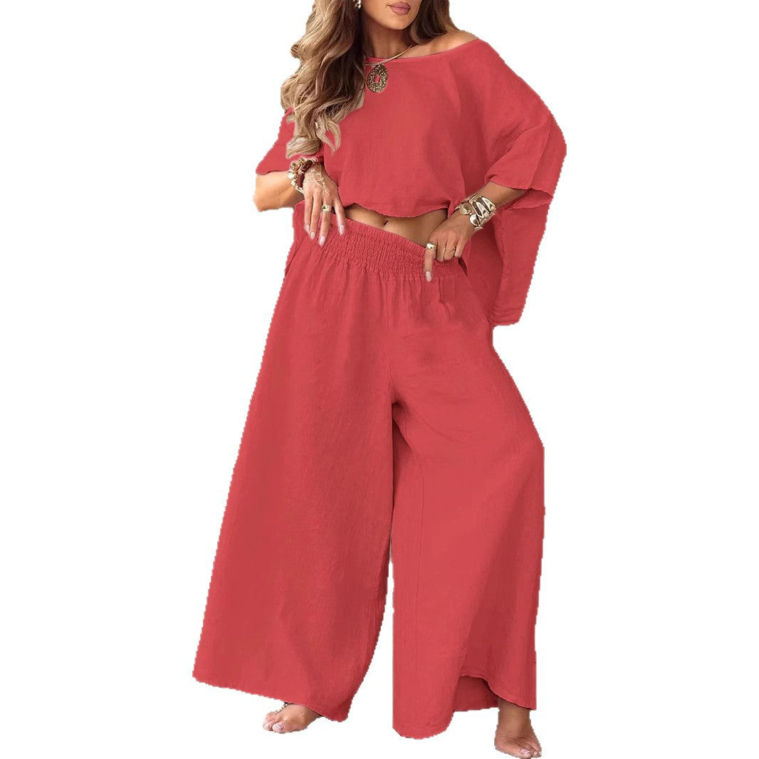 Solid Color Loose Round Neck Off-the-shoulder Women's Summer Suit - D&A