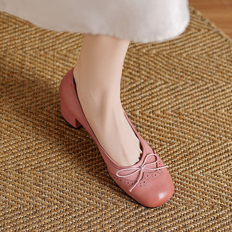 Women's Round Toe Shallow Mouth Gentle Bow Mid Heel Leather Shoes - D&A