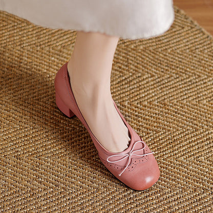 Women's Round Toe Shallow Mouth Gentle Bow Mid Heel Leather Shoes - D&A