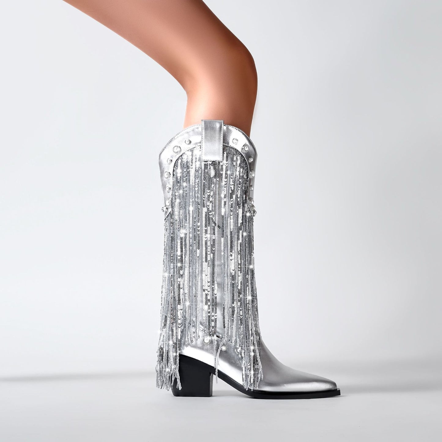 Sequin Tassel Pointed Sleeve High Leg Boot - D&A