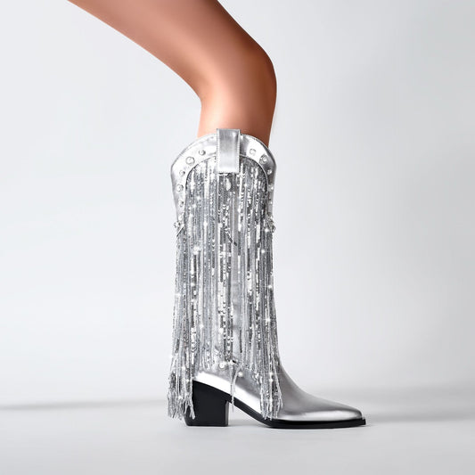 Sequin Tassel Pointed Sleeve High Leg Boot - D&A