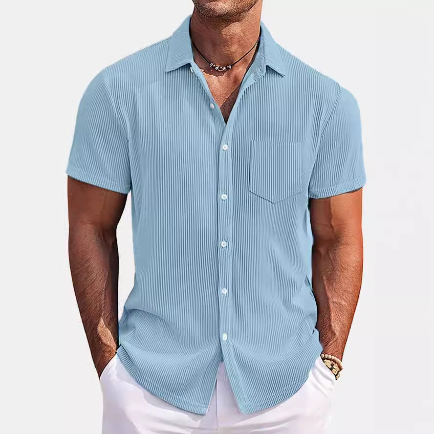 Solid Color Loose Vertical Striped Men's Short-sleeved Shirt Light Blue - D&A