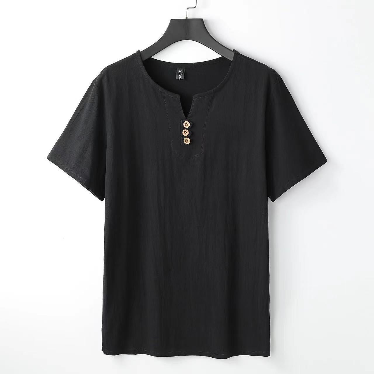 Men's Chinese-style Cotton And Linen V-neck Short Sleeve Black - D&A
