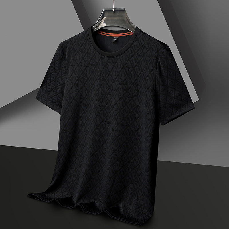 Men's Round Neck Jacquard Short Sleeve Cool Antibacterial Fashion Brand Casual Fashion Half Sleeve Black - D&A