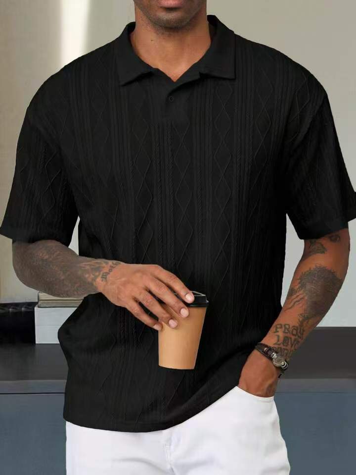 Retro Button Lapel Short Sleeve T-shirt Breathable Short Sleeve Loose Texture Knitted Black - D&A