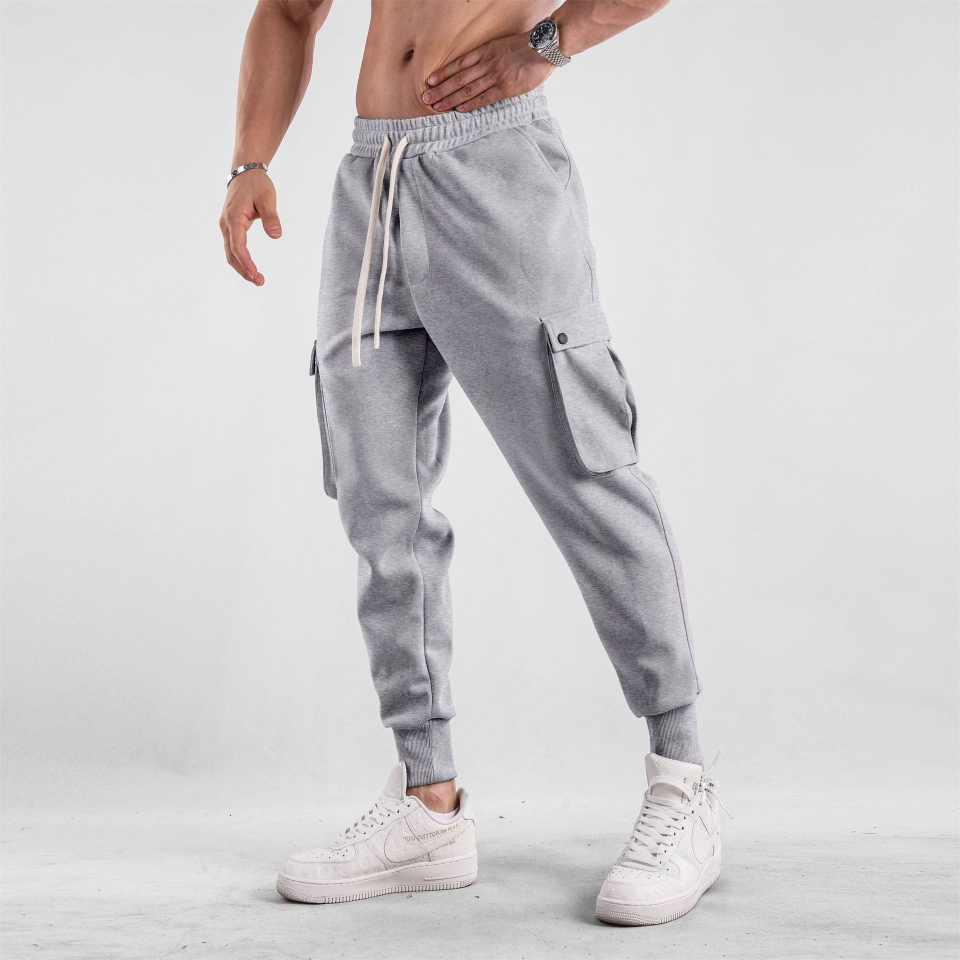 Men's Loose Close Up Ankle-tied American Sports Trousers Light Gray - D&A