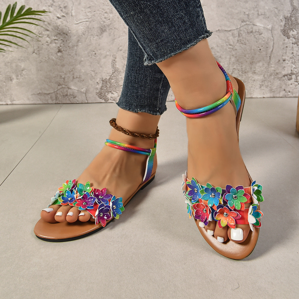 Bohemian Flat Flower Strap Sandals Colorful Flower - D&A