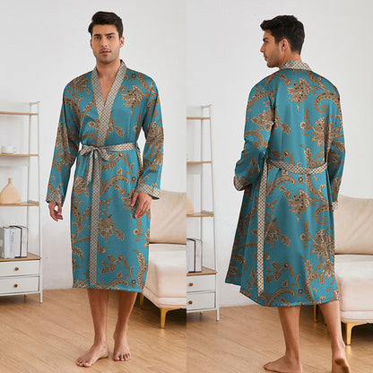 Printing Men's Robes Long Sleeve Shorts Suit Lake Green Brown Flower - D&A