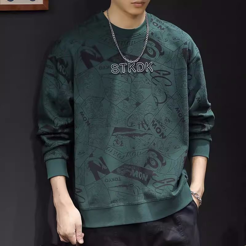 Round Neck Print Sweatshirt Long Sleeve Men's Green - D&A