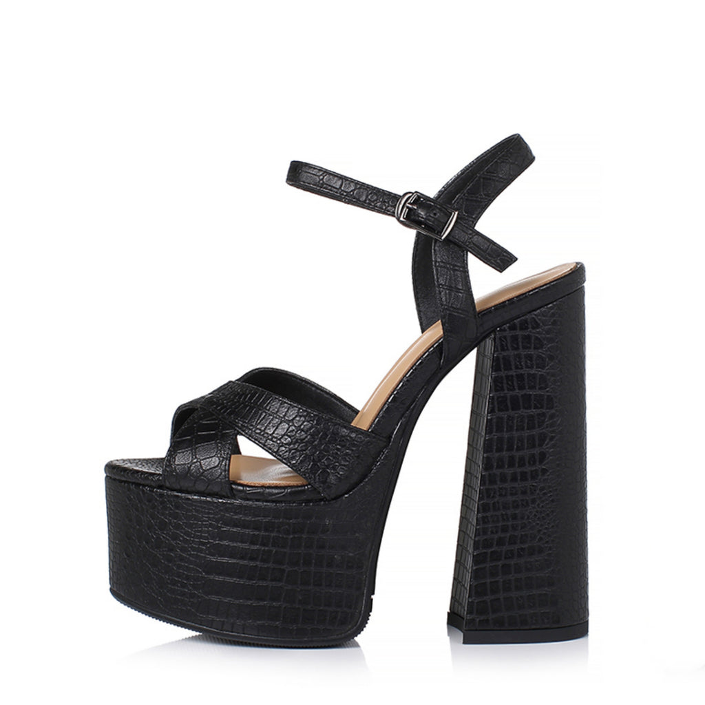 Women's Chunky Heel High Heel Platform Sandals Black Crocodile Pattern - D&A