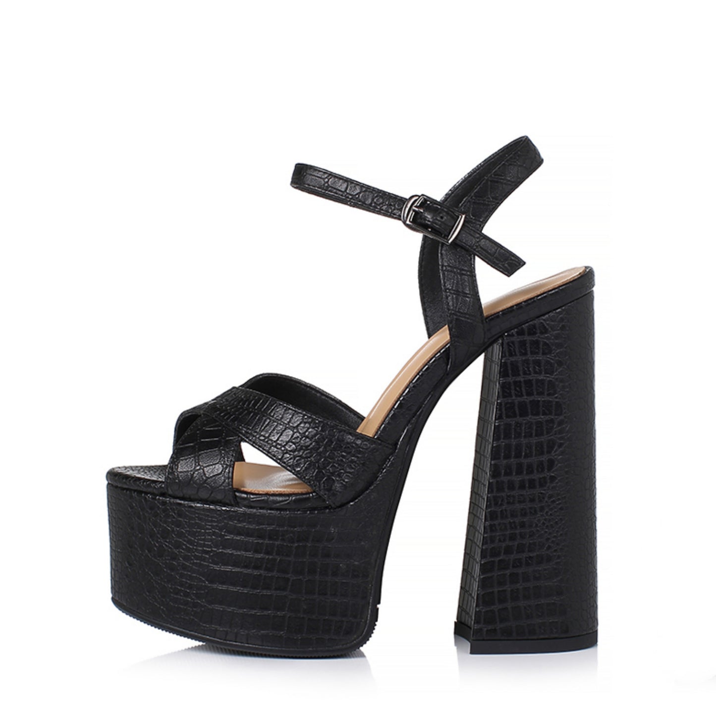 Women's Chunky Heel High Heel Platform Sandals Black Crocodile Pattern - D&A