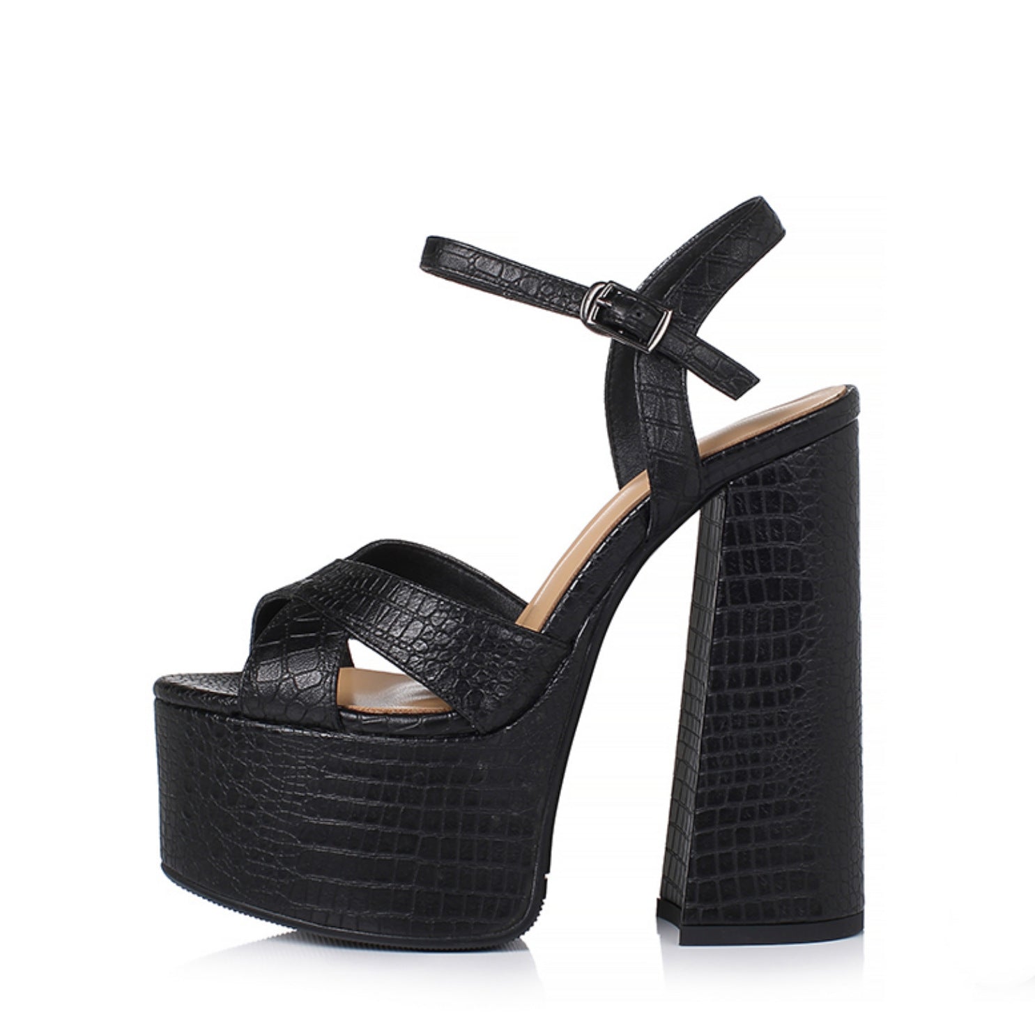 Women's Chunky Heel High Heel Platform Sandals Black Crocodile Pattern - D&A