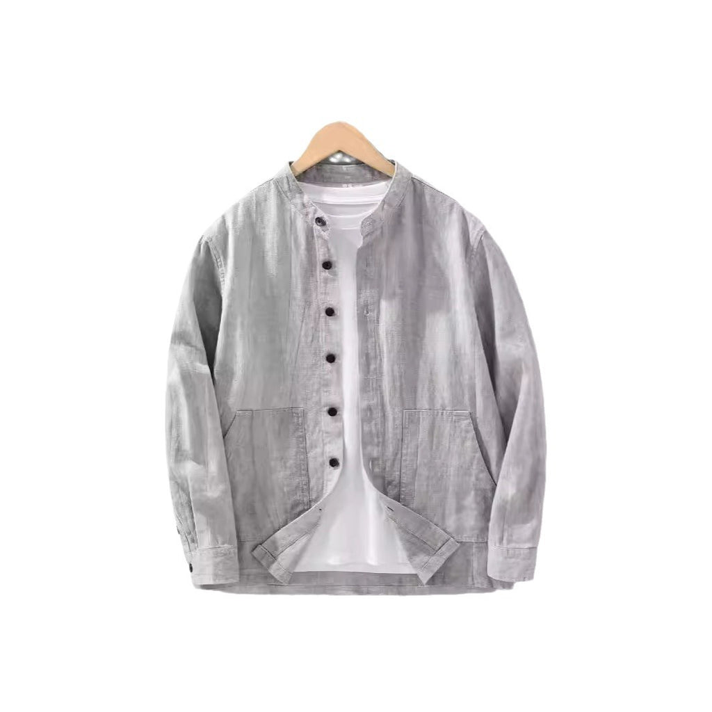 Men's Solid Color Ramie Stand Collar Retro Casual Coat Shirt - D&A